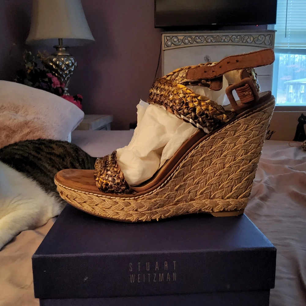 Stuart Weitzman Alex Wedge Platform Sandal 8.5 Gilt African Raffia - Picture 2 of 8